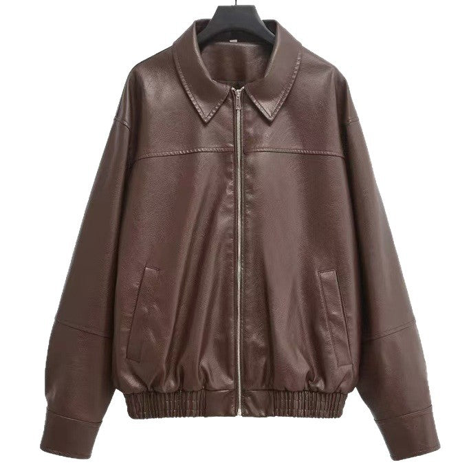 Women's oversized leather jacket in bomber style with shirt collar, continuous zipper and casual silhouette Mune Fashion