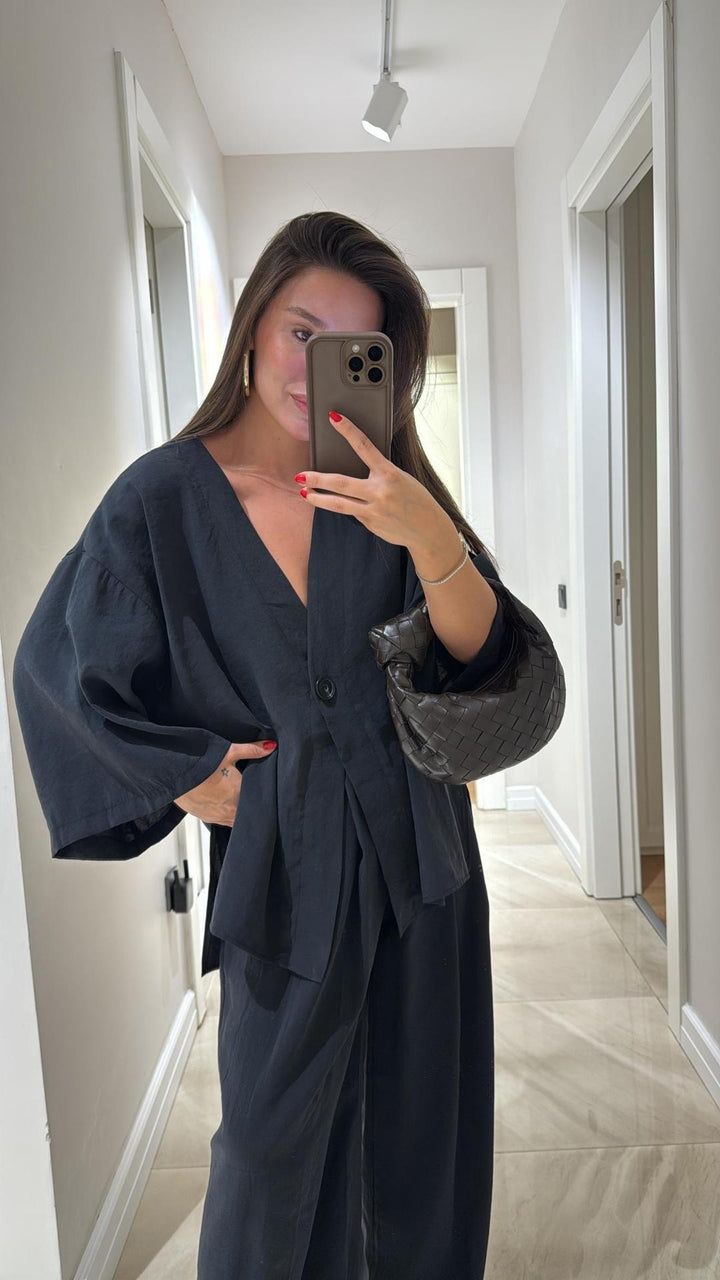 Women nan loose linen look two-piece with kimono blazer and wide palazzo pants Mune Fashion