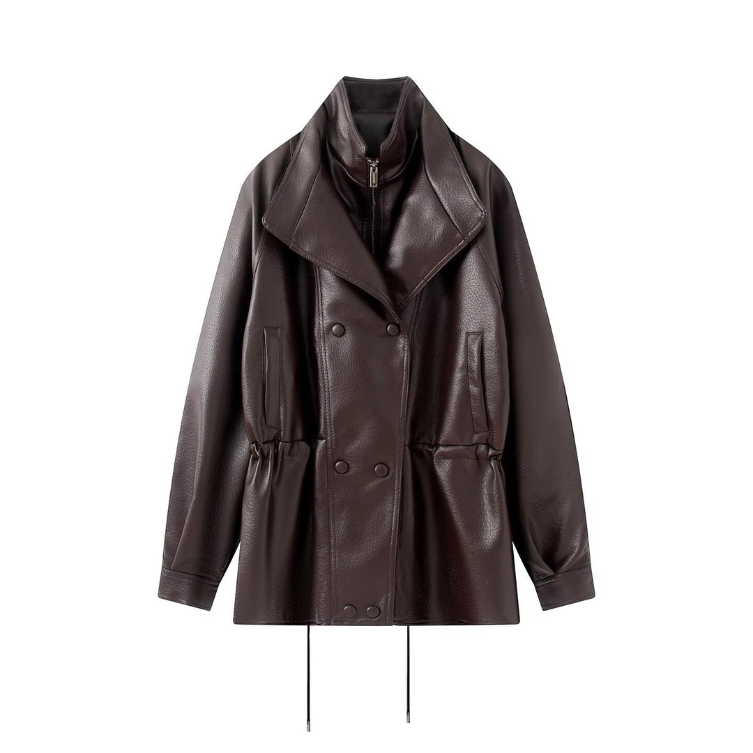 Women Double-breasted Faux Leather Jacket with Stand-up Collar, Wide Lapel and Drawstring Mune Fashion