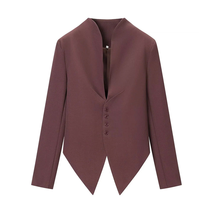 Women's fitted blazer with stand-up collar, asymmetrical pointed hem, and button placket Mune Fashion