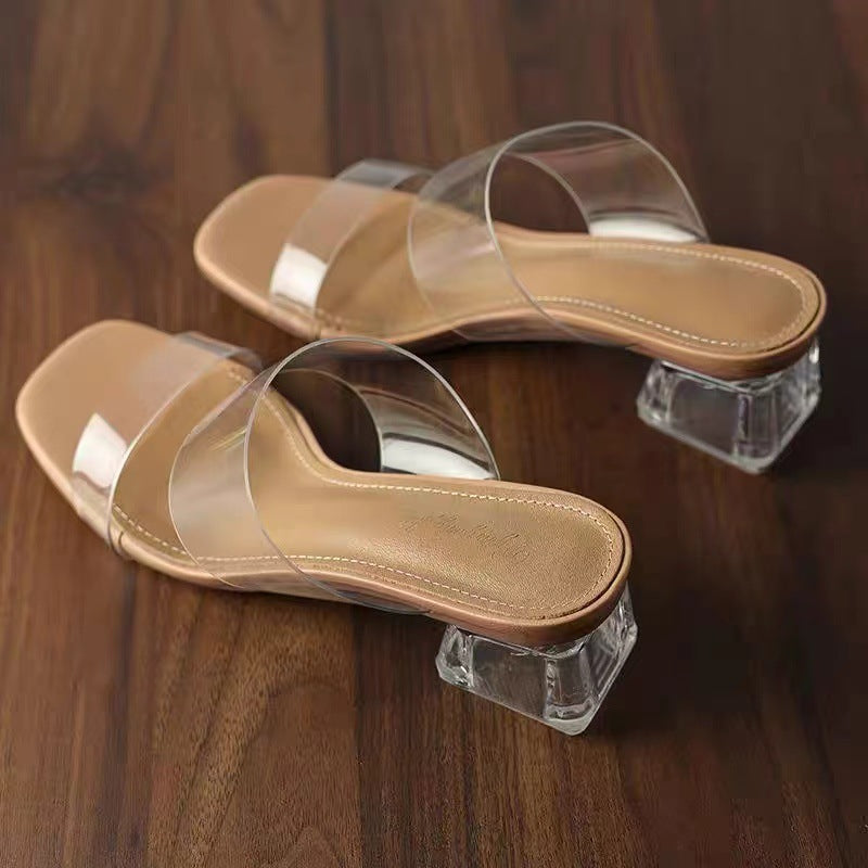 Women Minimalistic Double Strap Mules with Transparent Upper Material and Geometric Block Heel Mune Fashion