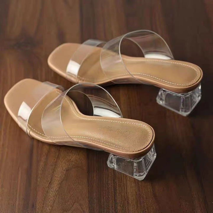 Women Minimalistic Double Strap Mules with Transparent Upper Material and Geometric Block Heel Mune Fashion