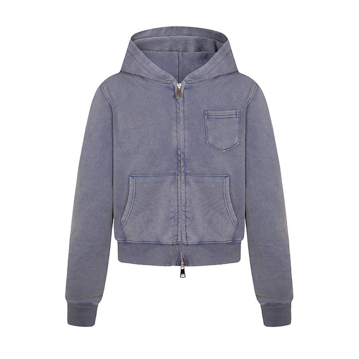 Ladies short-cut hooded zip jacket made of garment-dyed cotton fleece with chest pocket Mune Fashion