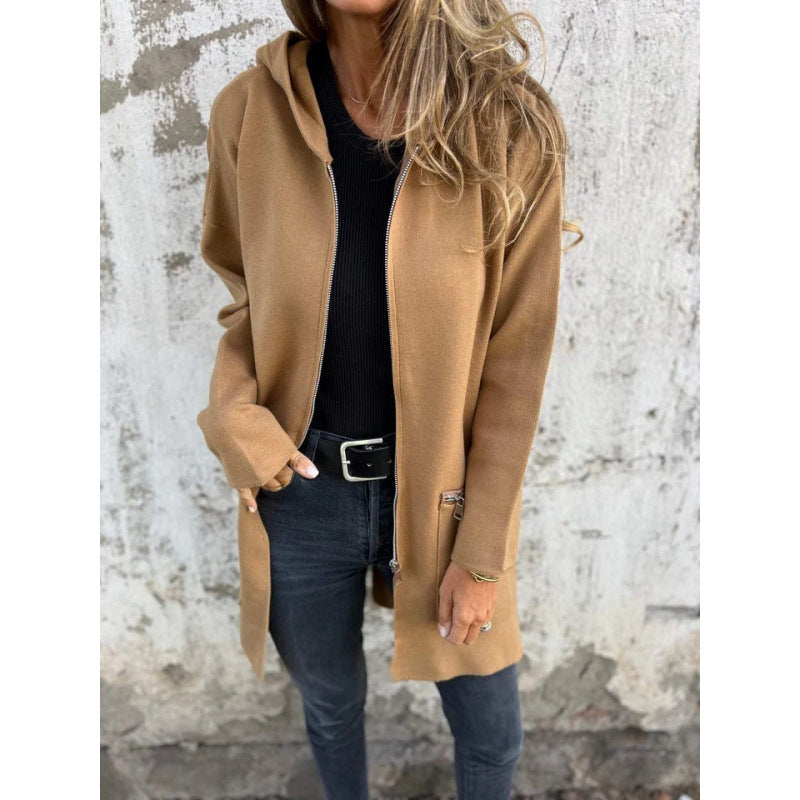 Women’s Hooded Long Cardigan with Full Zip and Decorative Pockets Mune Fashion