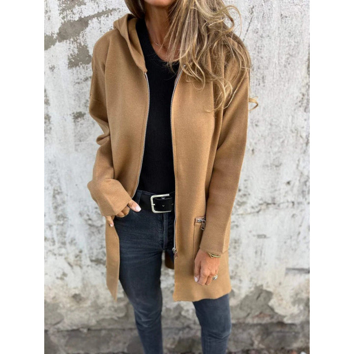 Women’s Hooded Long Cardigan with Full Zip and Decorative Pockets Mune Fashion