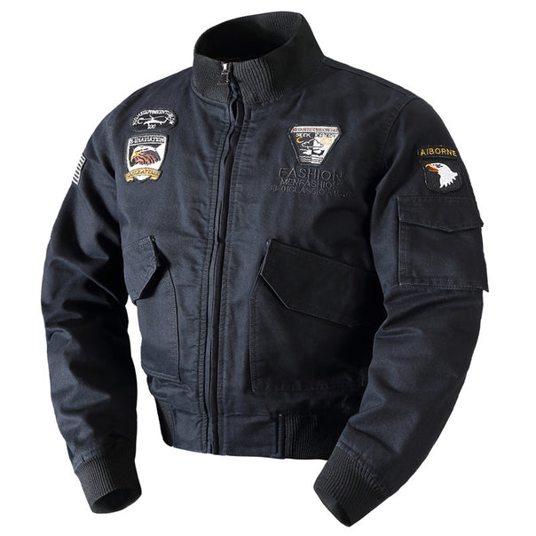 Men's Canvas Pilot Jacket in Field Style with High Collar, Patch Applications and Multi-Purpose Pockets Mune Fashion