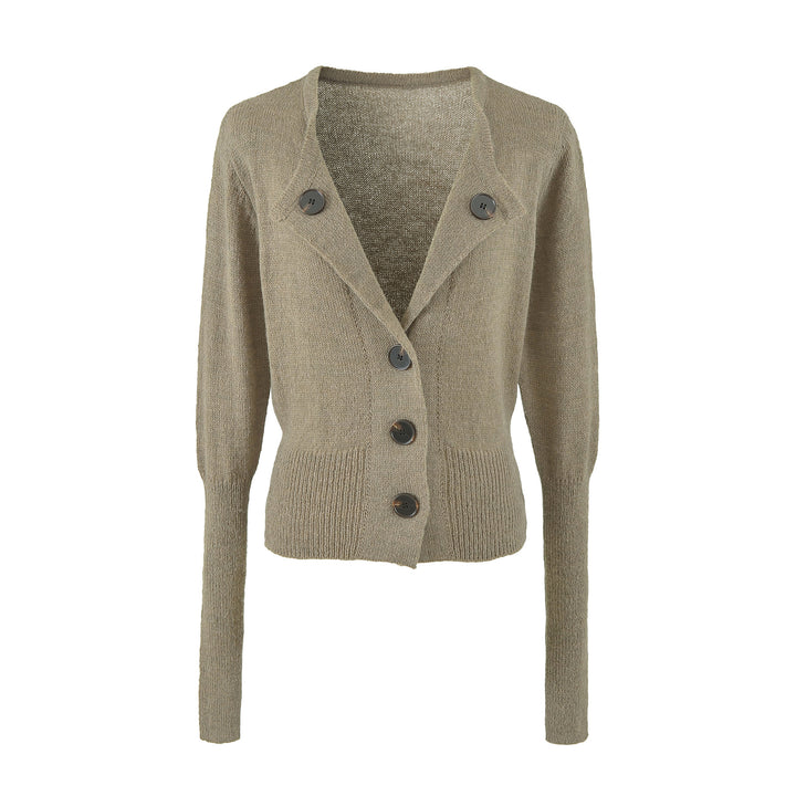 Women's Cropped Tailored Cardigan with Shawl Collar and Large Decorative Buttons Mune Fashion