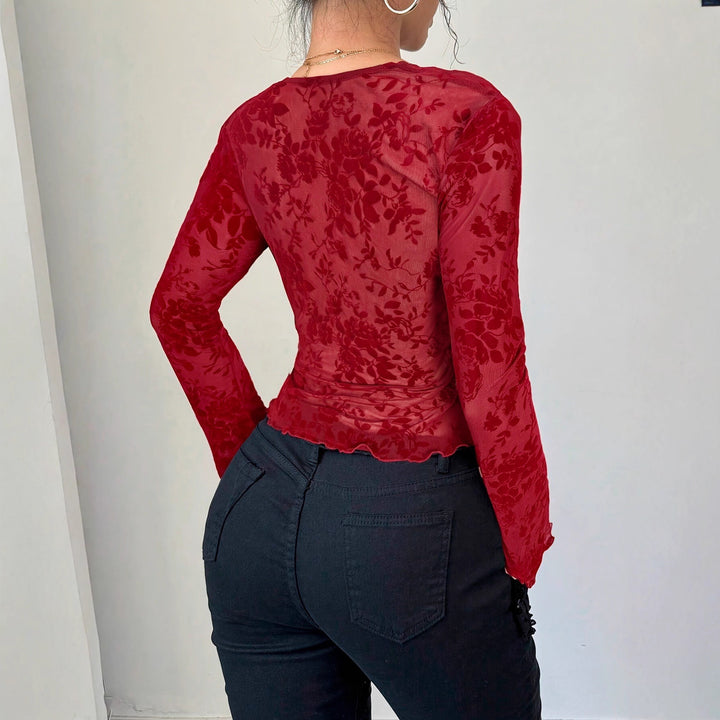 Women's tight-fitting transparent mesh lace blouse with deep V-neck and floral velvet texture Mune Fashion