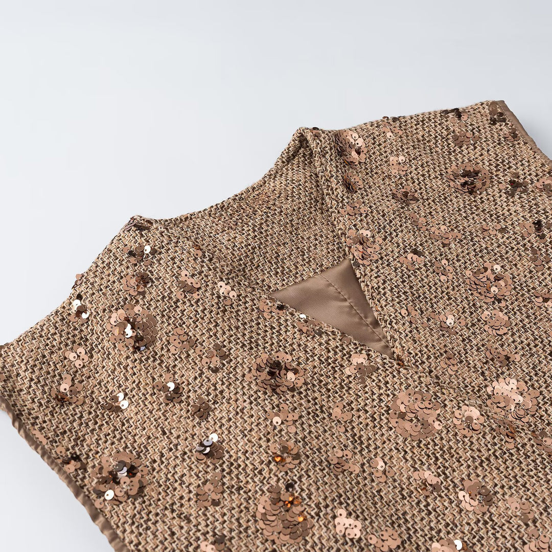Women's Sleeveless Glitter Tweed Vest with Wrap Look and Sequin Trim Mune Fashion