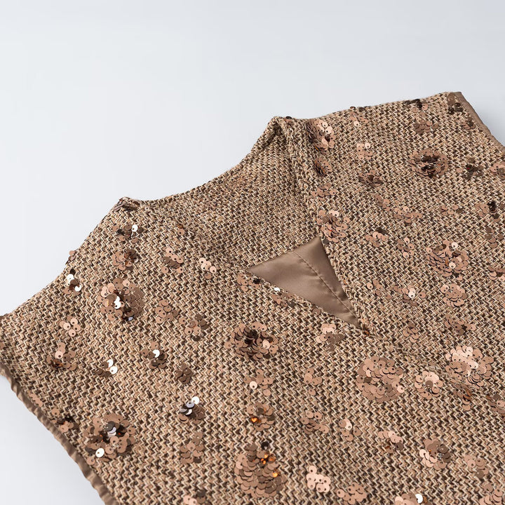 Women's Sleeveless Glitter Tweed Vest with Wrap Look and Sequin Trim Mune Fashion