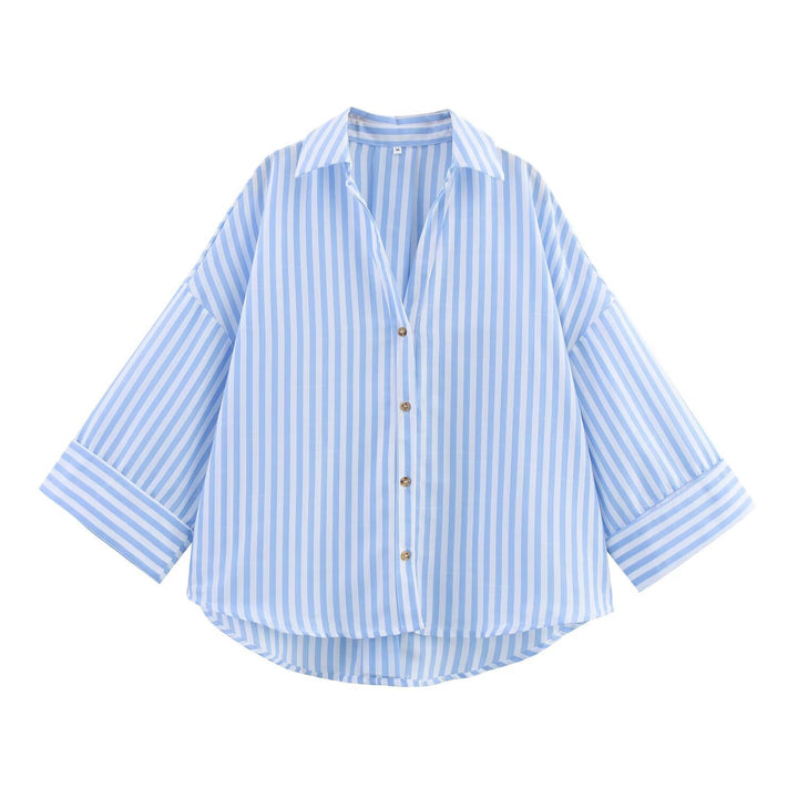 Women Oversize Shirt Blouse with Vertical Stripe Pattern and Extended Back Mune Fashion