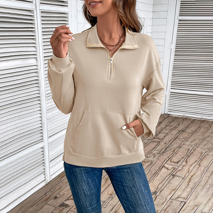 Women's Lightweight Half-Zip Sweatshirt in Relaxed Fit with Kangaroo Pocket and Stand-Up Collar Mune Fashion