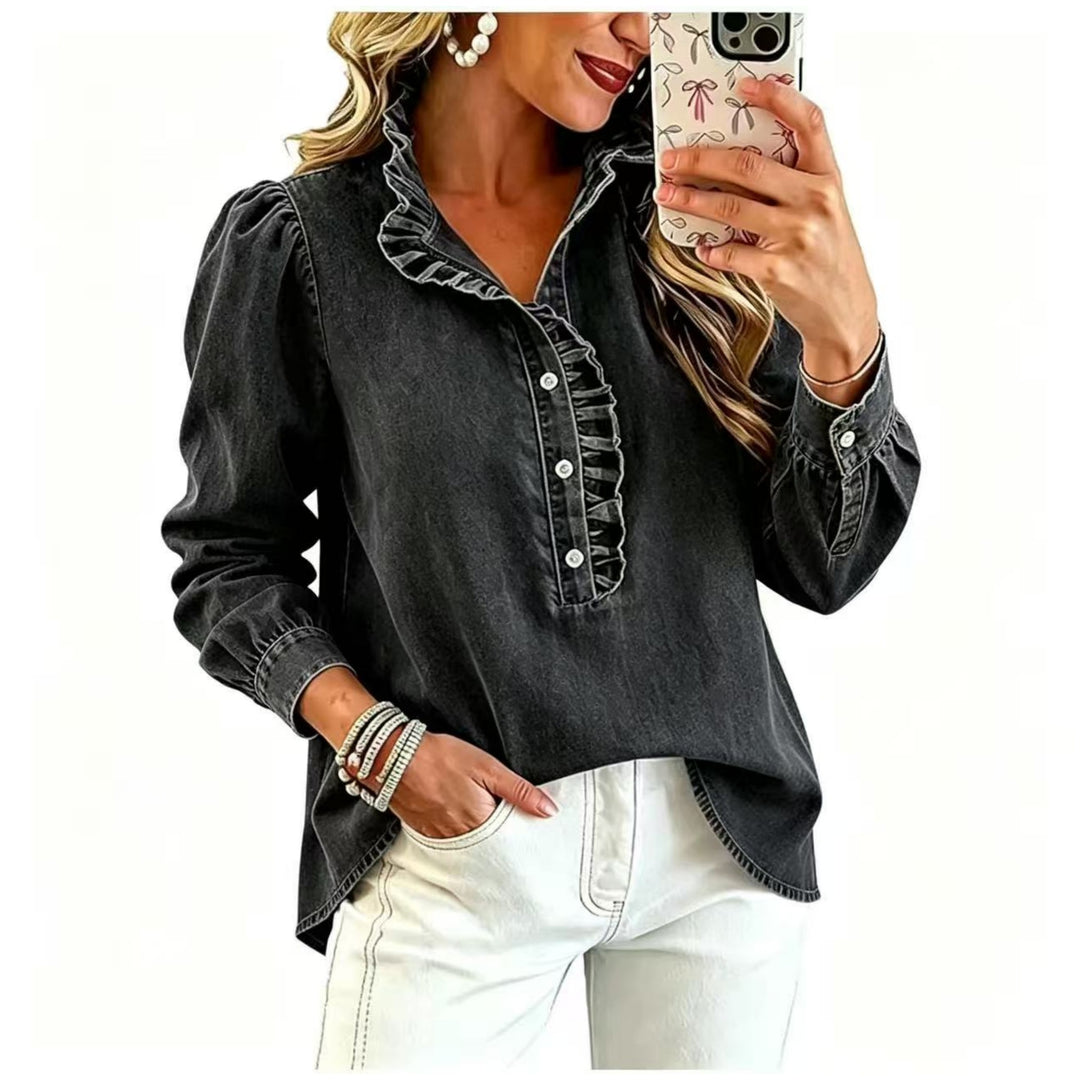Ladies Denim Blouse with Ruffled Collar and Puff Sleeves Mune Fashion