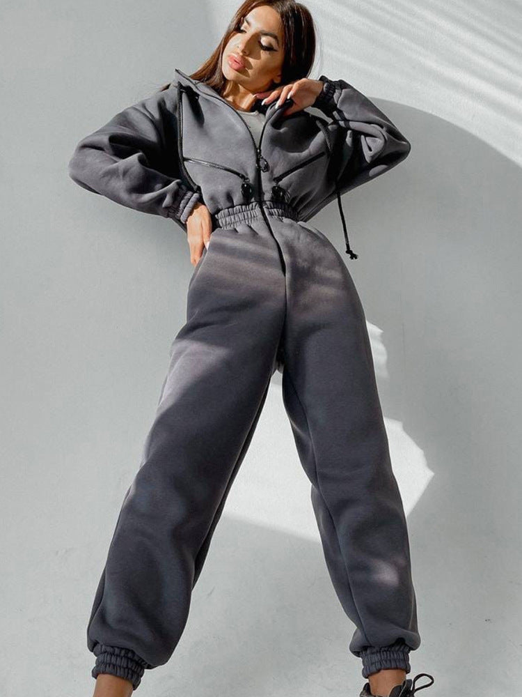 Ladies Tailored Hooded Sweat Jumpsuit with Zipper and Elastic Waistband Mune Fashion