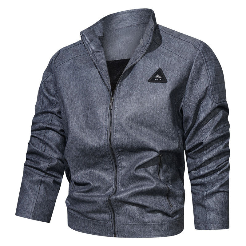Men's Denim Look Bomber Jacket with Stand-Up Collar and Quilted Shoulders Mune Fashion