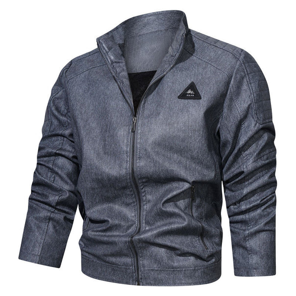Men's Denim Look Bomber Jacket with Stand-up Collar, Quilted Shoulder Yoke and Zipper Mune Fashion