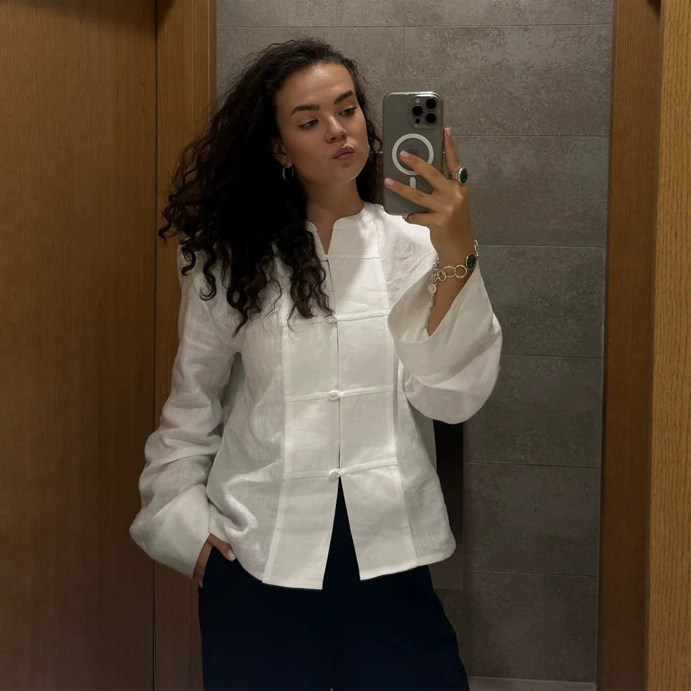 Women Oversized Linen Blouse with Mandarin Collar, Concealed Button Placket and Three-Quarter Sleeves Mune Fashion