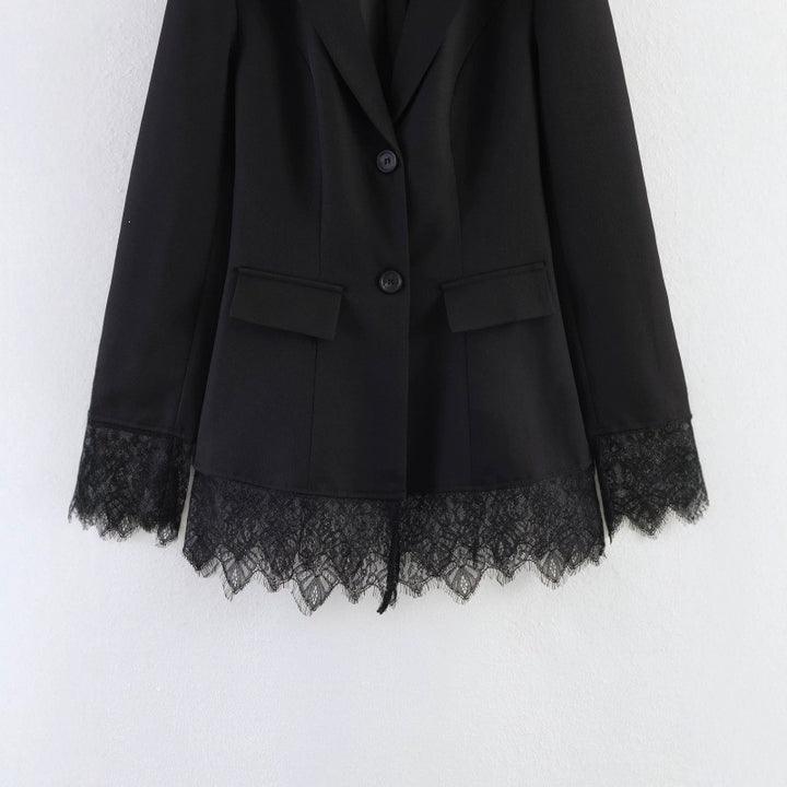 Women tailored blazer with lace trim and flared hem Mune Fashion