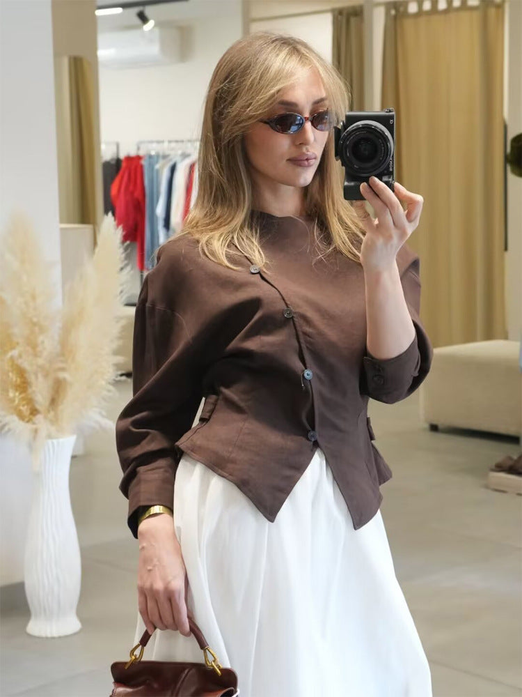 Women’s asymmetrical tailored blouse jacket made of linen with diagonal button closure Mune Fashion