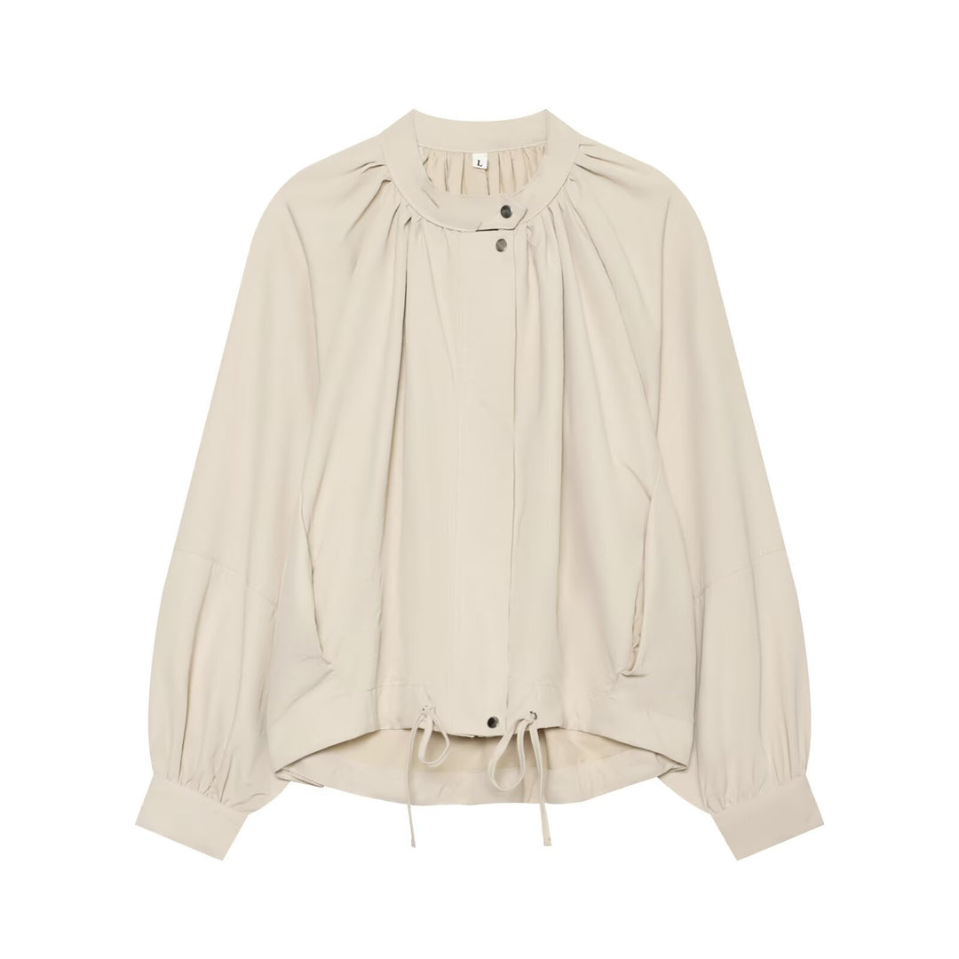 Ladies Light Blouson Jacket with Round Neck, Gathered Yoke and Drawstring Mune Fashion