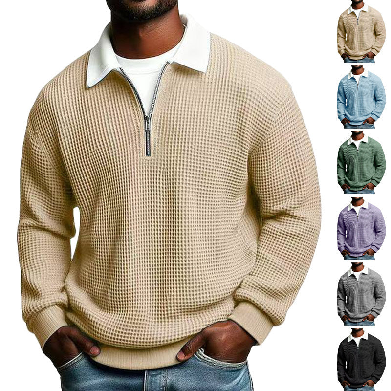 Men's structured waffle knit pullover with polo collar and short zipper Mune Fashion