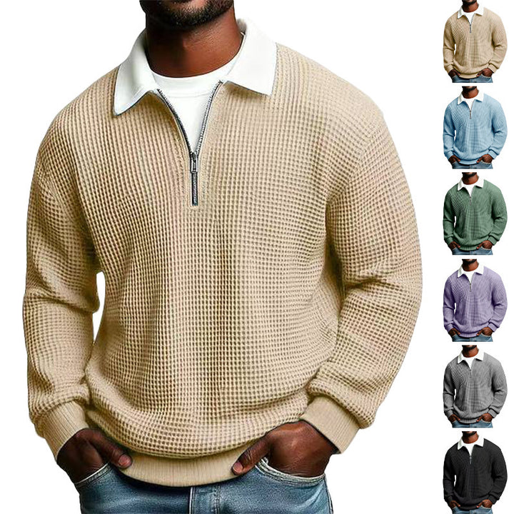 Men's structured waffle knit pullover with polo collar and short zipper Mune Fashion