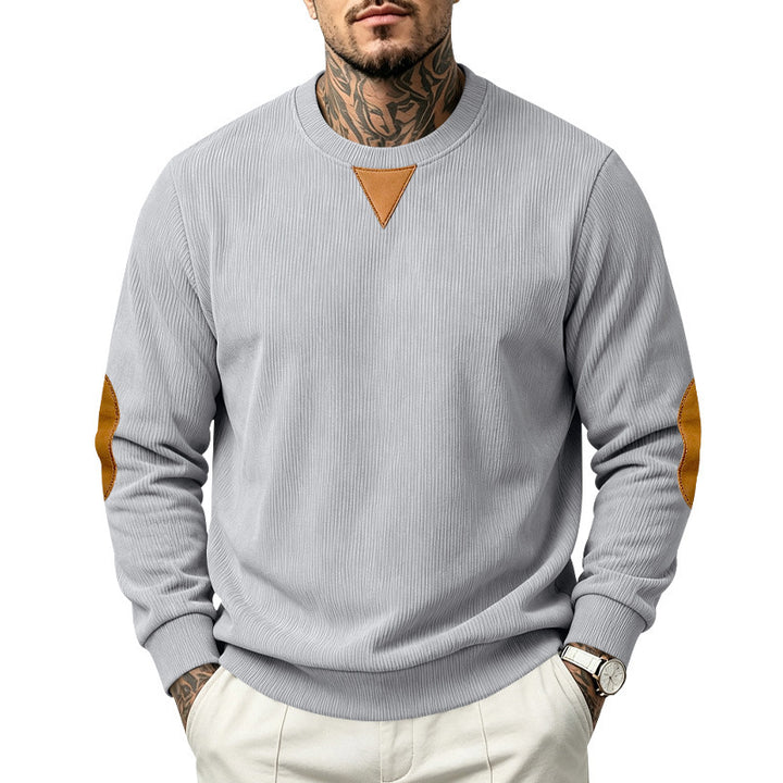 Men's Ribbed Sweatshirt with Leather Look Elbow Patches and Triangle Applique Mune Fashion