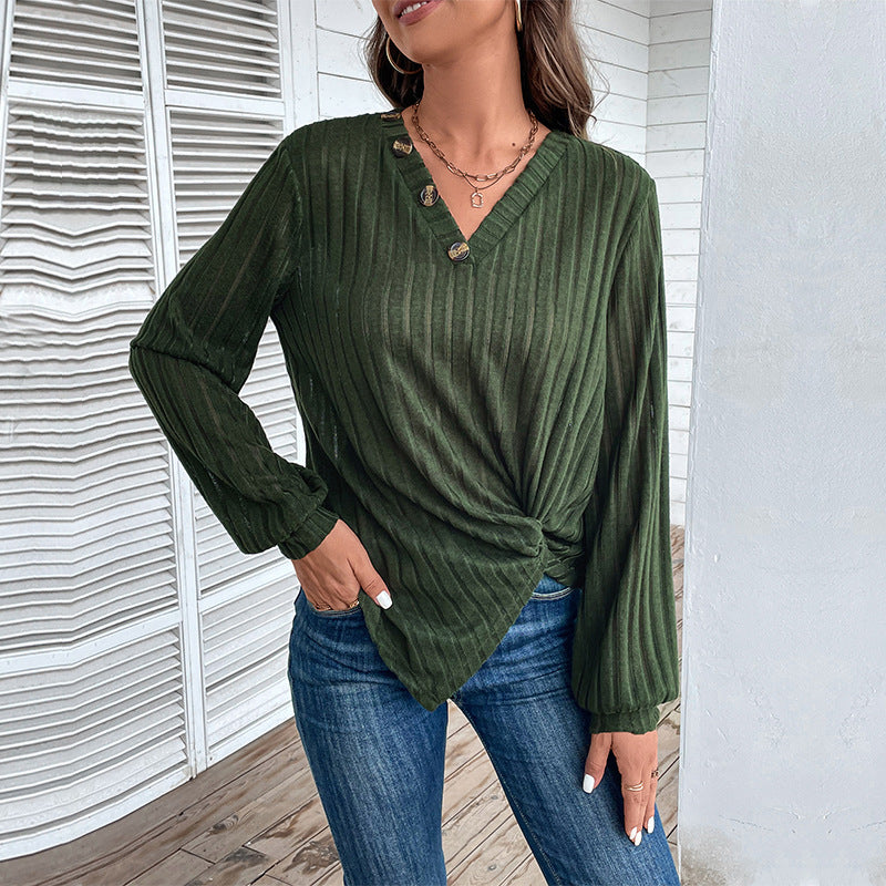 Women Ribbed V-Neck Long Sleeve Shirt with Twist Knot and Decorative Buttons Mune Fashion