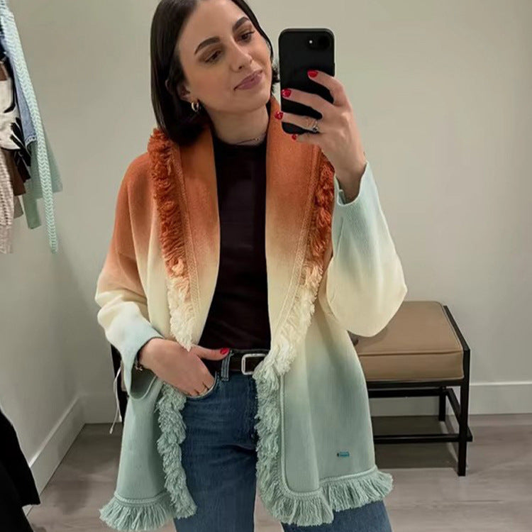 Women's Gradient Knit Cardigan with Fringes and Shawl Collar Mune Fashion