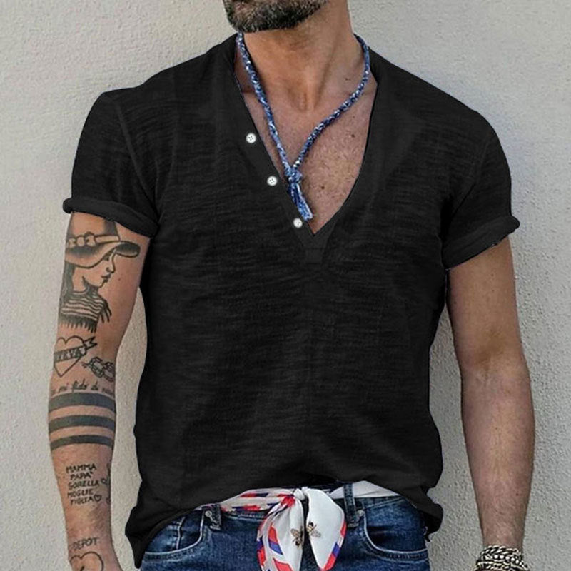 Men's short sleeve Henley style shirt made of slub cotton jersey with short button placket Mune Fashion