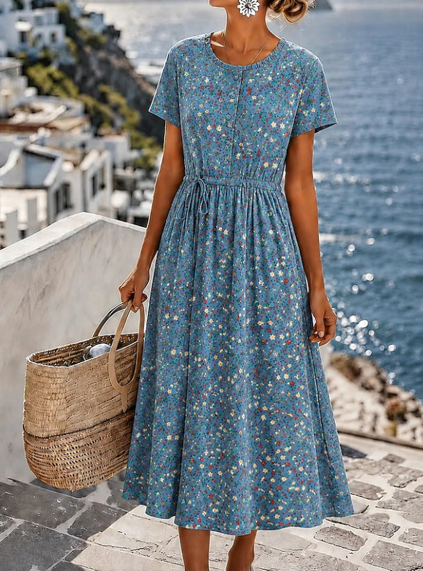Ladies Midi Dress with Floral Allover Print, Drawstring Waistband and Button Placket Mune Fashion