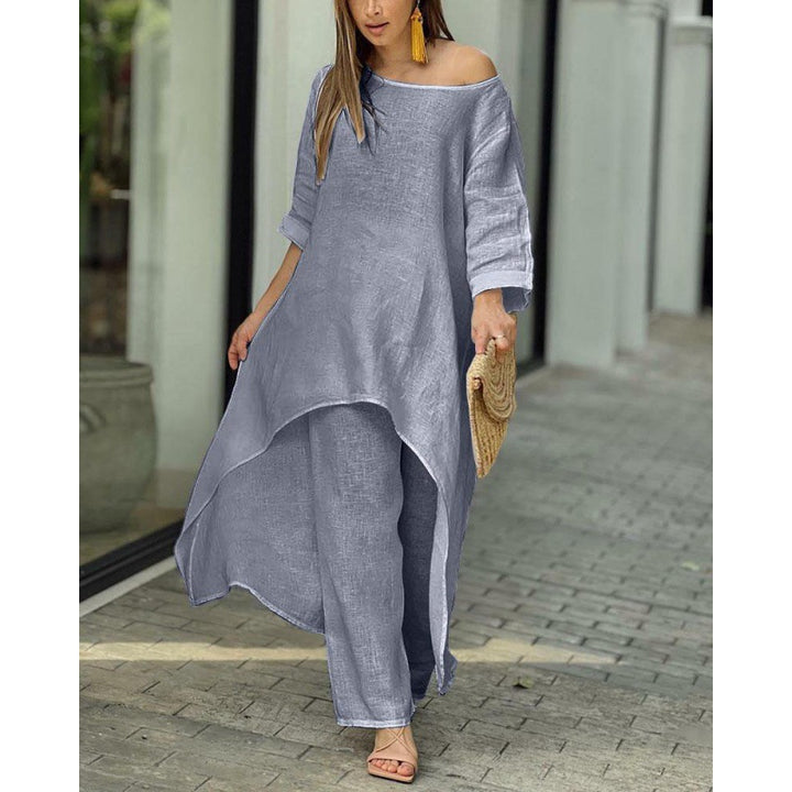 Women Lightweight Linen Two-Piece with Asymmetrical High-Low Tunic and Wide Palazzo Pants Mune Fashion