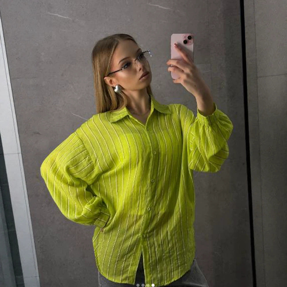 Ladies Oversize Linen Look Shirt Blouse with Stripes, Voluminous Sleeves & Extended Back Hem Mune Fashion