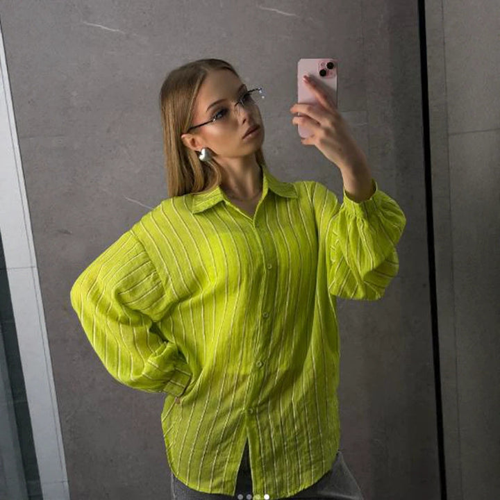 Ladies Oversize Linen Look Shirt Blouse with Stripes, Voluminous Sleeves & Extended Back Hem Mune Fashion
