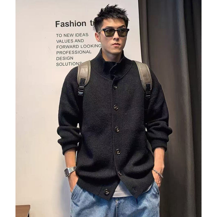 Men's chunky knit jacket with stand-up collar and button placket Mune Fashion