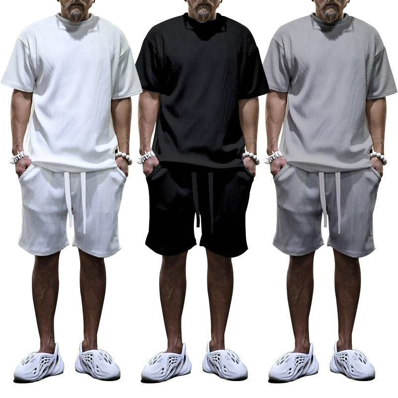 Men's casual waffle jersey set with loose top and drawstring shorts Mune Fashion