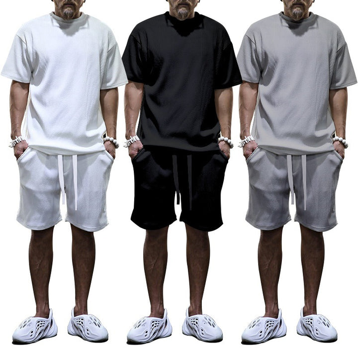 Men's casual waffle jersey set with loose top and drawstring shorts Mune Fashion