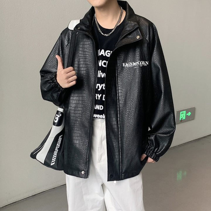Men's Oversized Faux Leather Jacket with Crocodile Embossing and Back Logo Mune Fashion