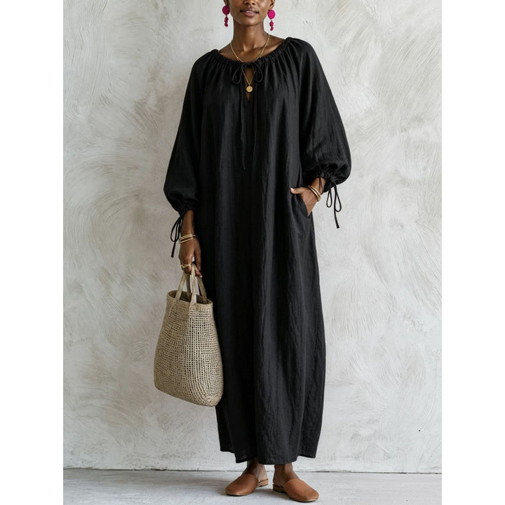 Women's Airy Linen Look Maxi Dress with Drawstring Collar, Balloon Sleeves and Pockets Mune Fashion