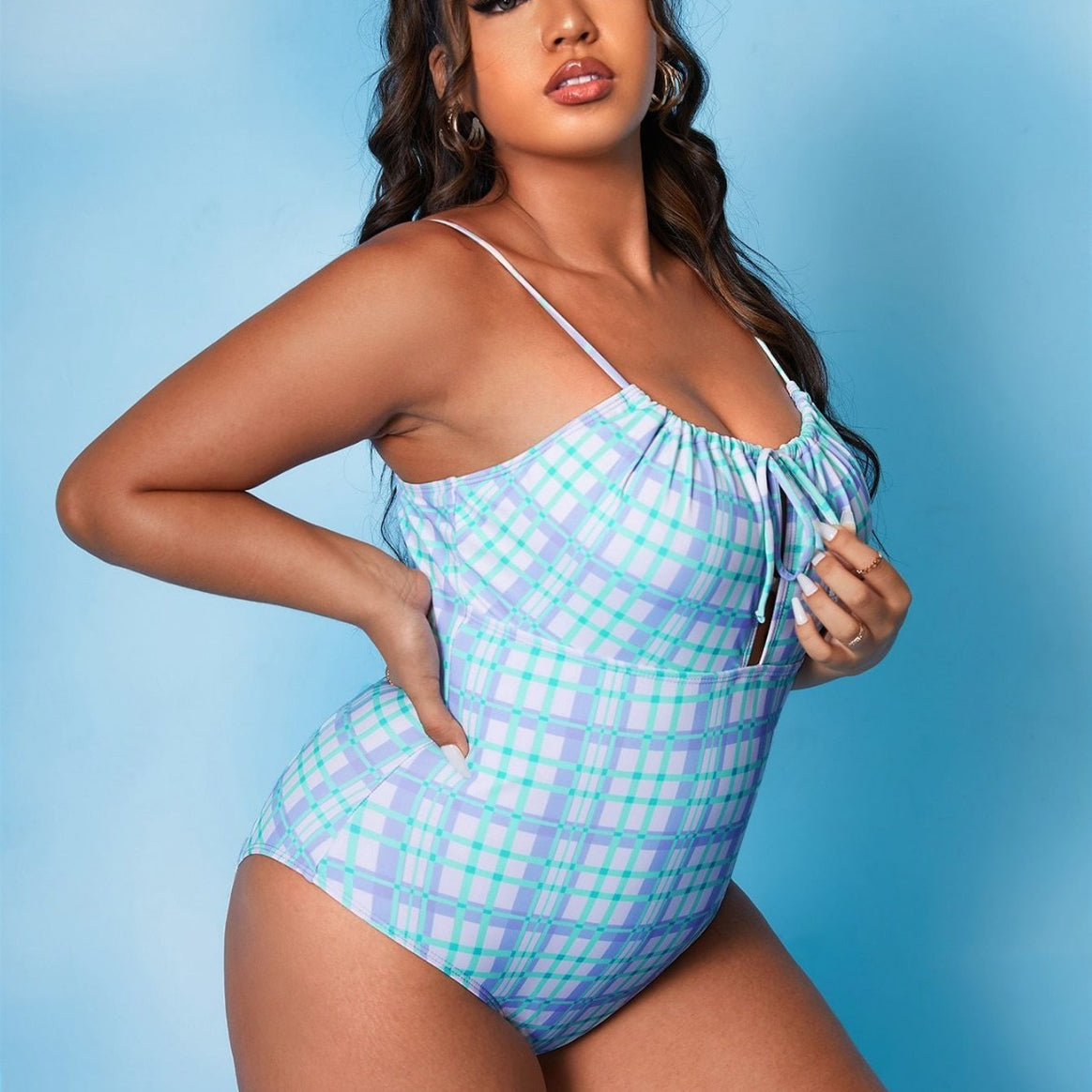 Women's one-piece swimsuit with sophisticated tie detail and trendy check pattern Mune Fashion