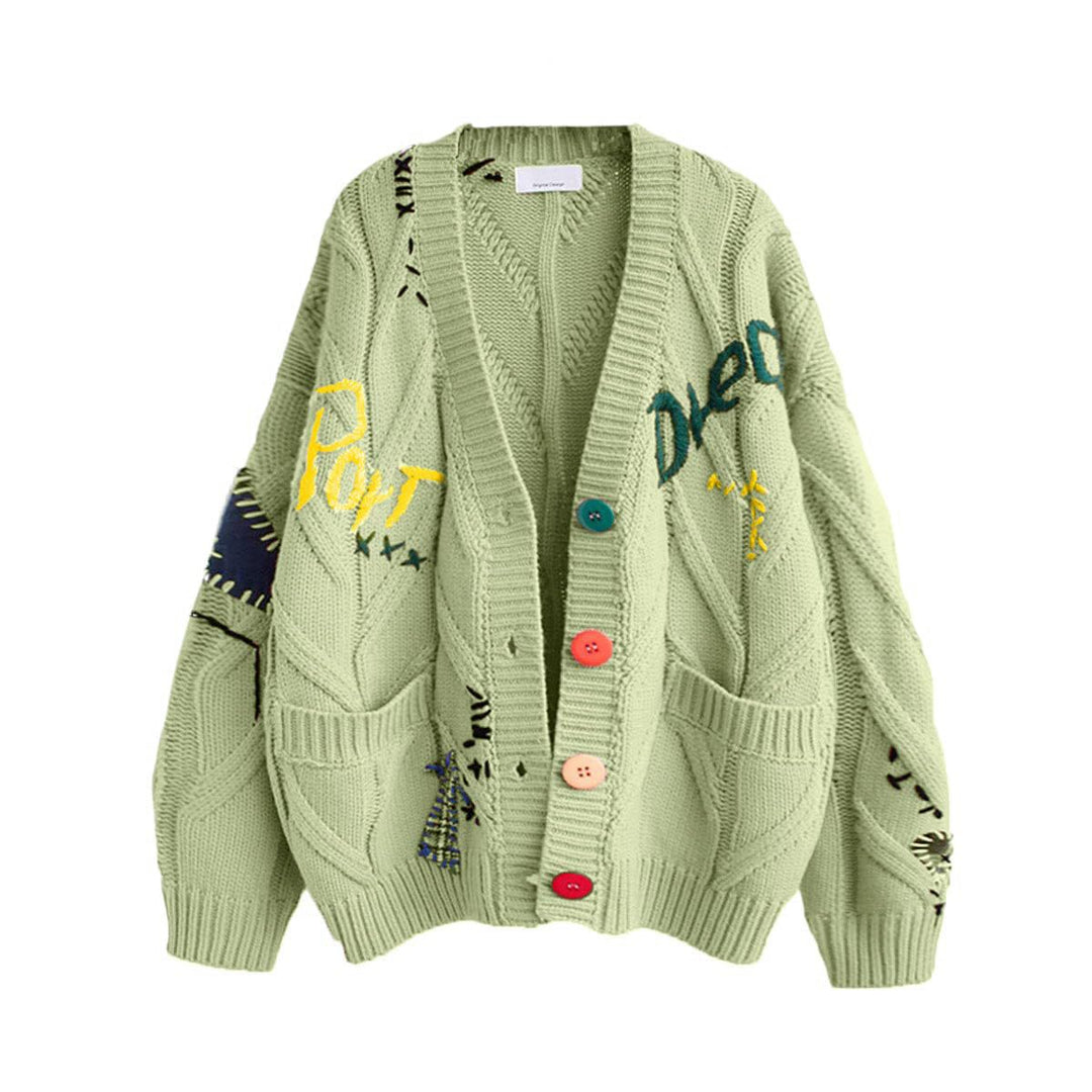 Women's Stylish Knitted Cardigan with Colorful Buttons and Elaborate Design