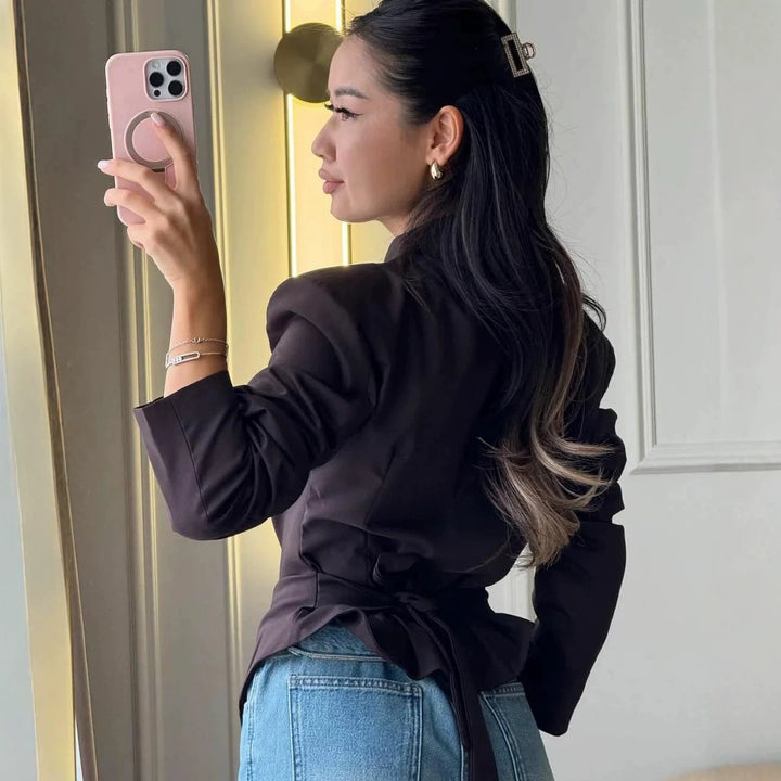 Women's Tailored Blazer with Pointed Hem and Deep V-Neck Mune Fashion