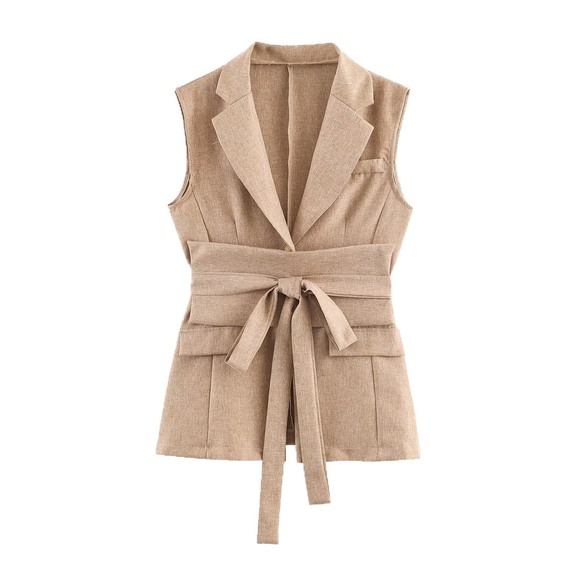 Women's Sleeveless Tailored Linen Look Vest with Shawl Collar and Ties Belt Mune Fashion