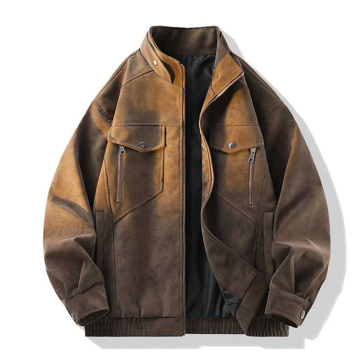 Men's Vintage Look Suede Jacket with Stand-Up Collar, Utility Pockets and Zipper Drune