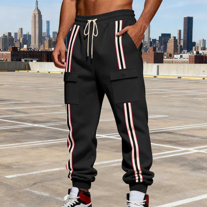 Men's Cargo Jogging Pants with Distinct Side Stripes, Drawstring & Flap Pockets Mune Fashion