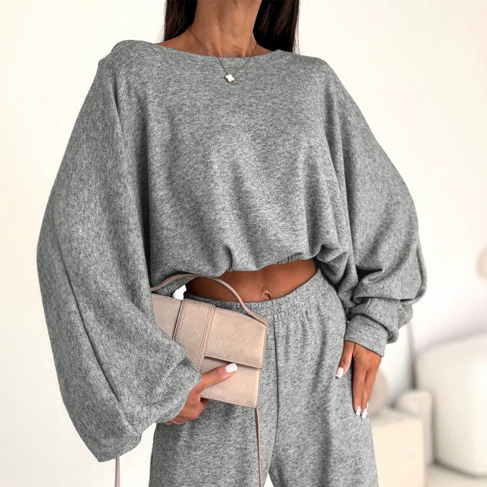 Women Casual Knit Lounge Set with Batwing Sleeves and High-Waist Jogger Pants Drune