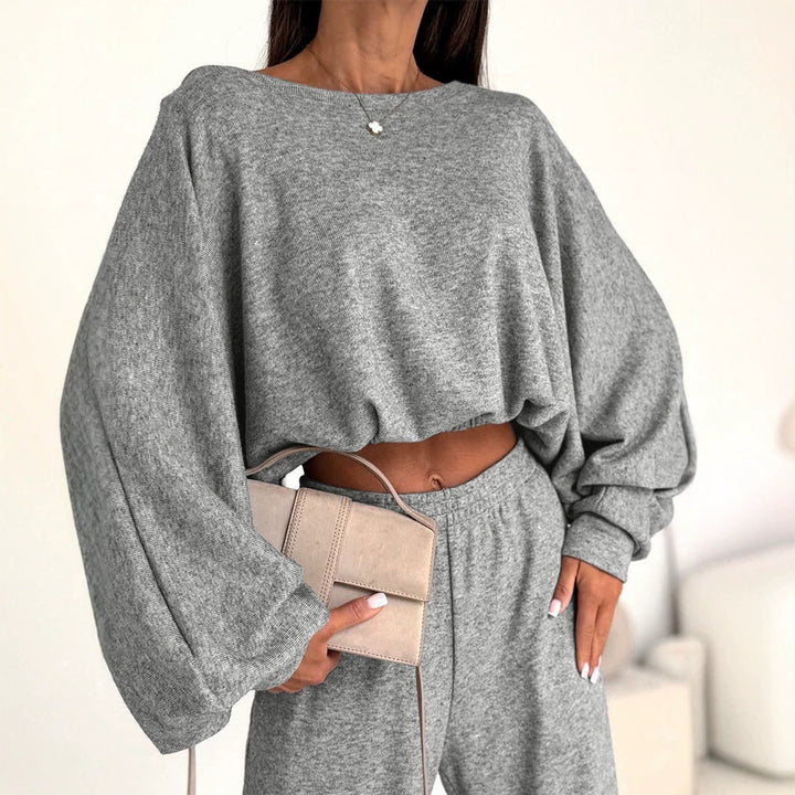 Women Casual Knit Lounge Set with Batwing Sleeves and High-Waist Jogger Pants Drune