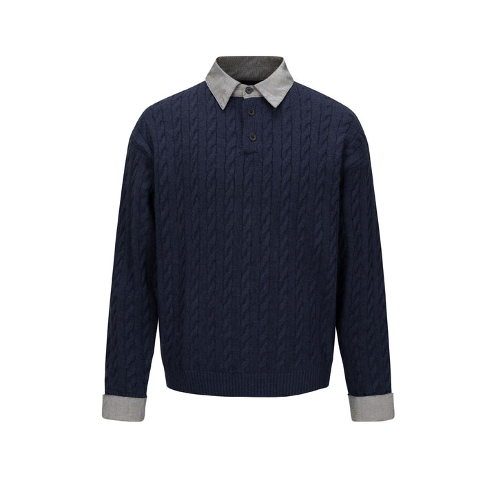 Men's Structured Knit Sweater with Integrated Shirt Collar and Three-Button Placket Mune Fashion