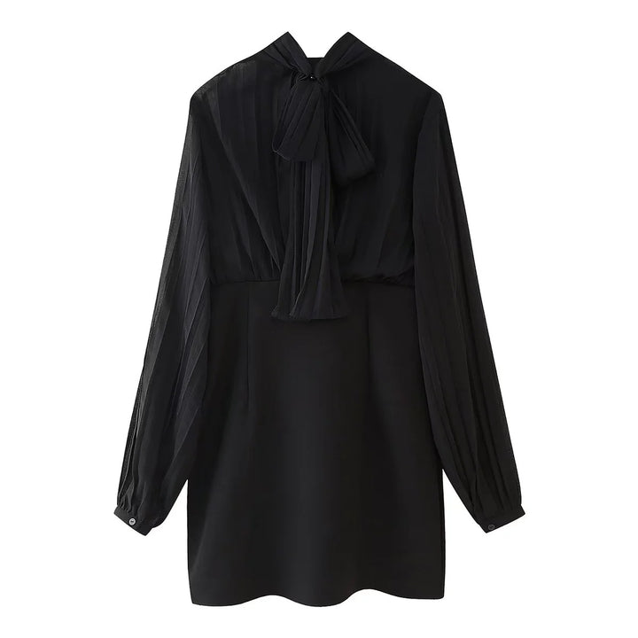 Women's Chiffon Mini Dress with Bow Collar, Pleated Long Sleeves and Fitted Skirt Mune Fashion