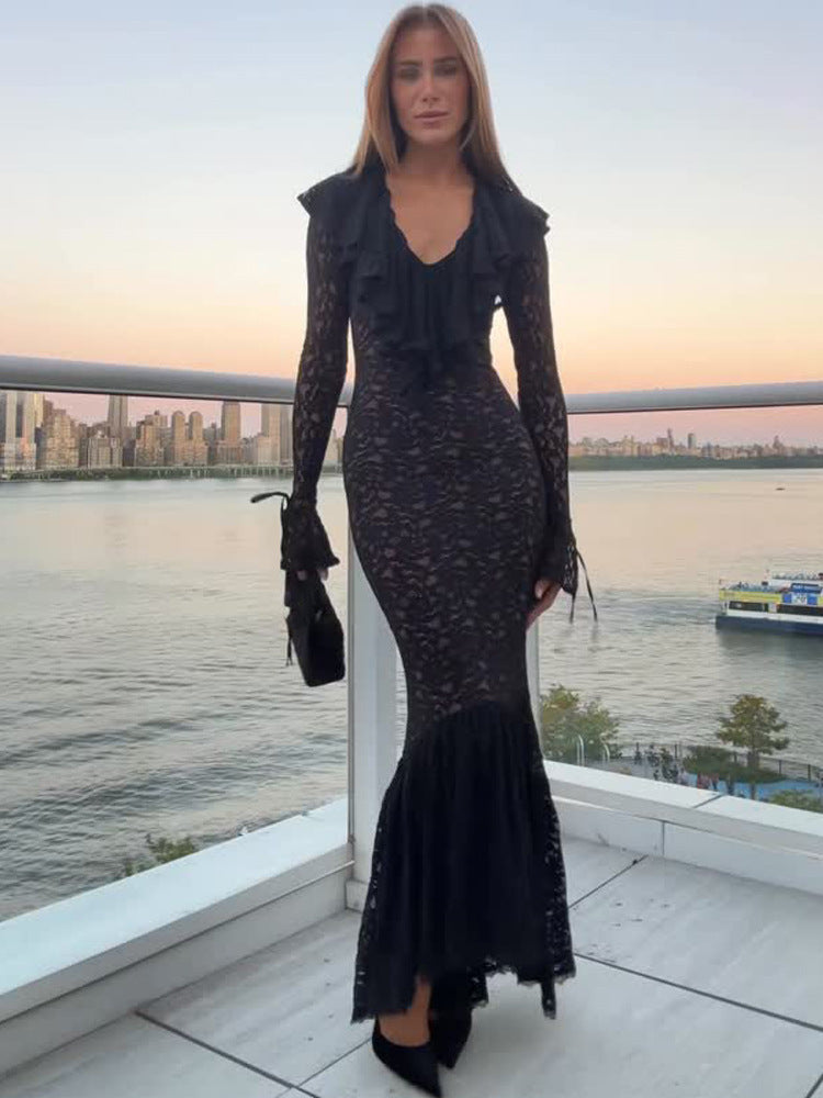 Women's Fitted Lace Maxi Dress with Ruffle Collar and Bell Hem Mune Fashion
